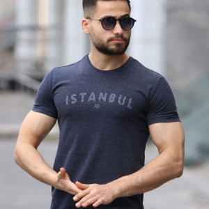 Istanbul Baskılı Bisiklet Yaka Erkek Lacivert T-shirt 5502