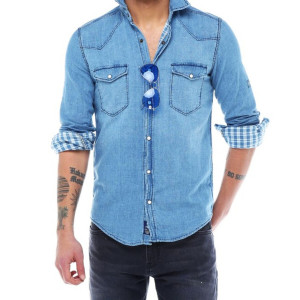 Erkek Mavi Katlamalı Kol Sedef Düğmeli Cepli Kot Slim Gömlek 5205