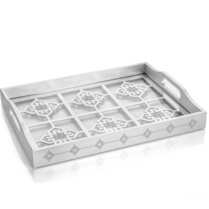 Silver Lacquered Tray with Luxury Decor with Wooden Glass- Motif