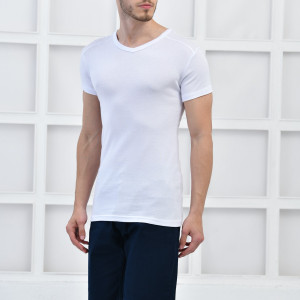 Beyaz Erkek V Yaka Basıc Likralı T-shirt F5123