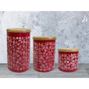Porcelain Jar And Storage Set With 3 Size Bamboo Lids With Red Flowers