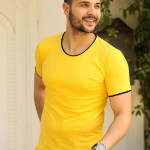 Erkek Sarı Likralıbisiklet Yaka Biyeli Modern Kesim Kısa Kollu T-shirt F51531