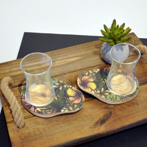 Natural Wooden Tea Set for 2 - Floral Pattern