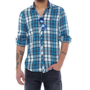 Erkek Mavi Ekoseli Slim Fit Nakışlı Çıtçıt Sedef Düğmeli Gömlek 5203