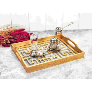 Gold Lacquered Tray with Luxury Decor with Wooden Glass- Labyrinth