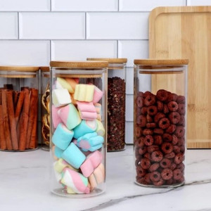 Glass Jar with 3 Bamboo Lids, 450 Ml For Seasoning.