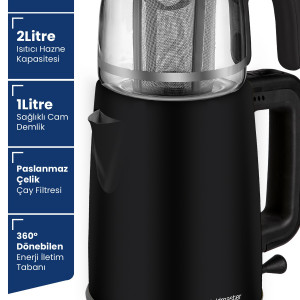 Emirgan Siyah 2200 Watt Geniş Hazneli Paslanmaz Çelik Çay Makinesi Ve Su Isıtıcısı