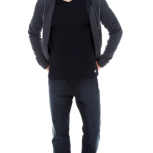 Erkek Siyah Slim Fit V Yaka Penye Uzun Kol T-shirt