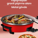 Sofram Kırmızı 1200 Watt Granit Geniş 40 cm Pizza Tavası Çok Amaçlı Elektrikli Pişirici Ea-4410