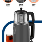 Emirgan Antrasit 2200 Watt Geniş Hazneli Paslanmaz Çelik Çay Makinesi Ve Su Isıtıcısı