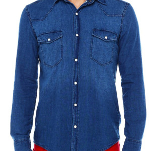 Erkek Mavi Katlamalı Kol Sedef Düğmeli Cepli Kot Slim Gömlek 5205