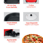 Sofram Kırmızı 1200 Watt Granit Geniş 40 cm Pizza Tavası Çok Amaçlı Elektrikli Pişirici Ea-4410