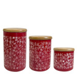Kırmızı Çiçekli 3 Boy Bambu Kapaklı Porselen Kavanoz Ve Saklama Seti