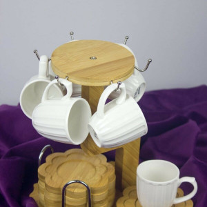 Bambu Standlı 6 Kişilik Porselen Kahve Fincan Takımı- Papatya