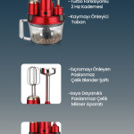 Elenamax Kırmızı 1000 Watt Hız Ayarlı %100 Bakır Motor 5 In 1 Mutfak Robotu Multi Blender Seti