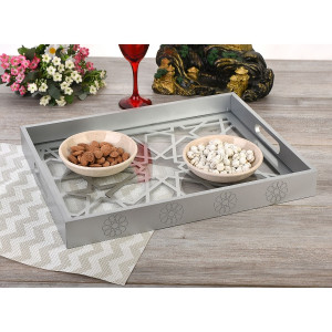 Silver Lacquered Tray with Wooden Glass Luxury Decor- Seljuklu