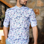 Erkek Mavi Keten Slim Fit Katlanabilir Kol Desenli Gömlek F5210