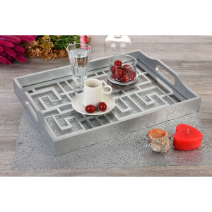 Silver Lacquered Tray with Luxury Decor with Wooden Glass- Labyrinth
