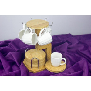 Porcelain Coffee Cup Set for 6 People With Bamboo Stand - With Heart