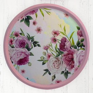 Pink Round Tray with Flowers