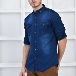 Erkek Lacivert Denim Cepli Slim Fit Kollar Katlanabilir Kot Gömlek F5146