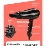 Comfort 2400 Watt Profesyonel Isı Ve Hız Ayarlı Katlanabilir Difüzörlü Saç Kurutma Makinesi