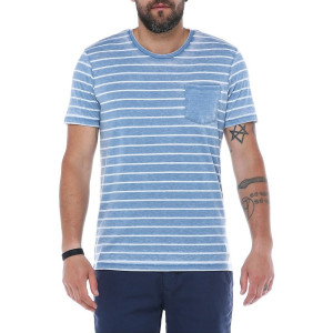 Erkek Mavi Cepli Bisiklet Yaka Çizgili Slim Fit Kısa Kollu T-shirt F023