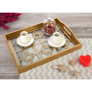 Gold Lacquered Tray with Luxury Decor with Wooden Glass- Motif