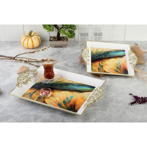 Patterned Baroque Tray 2-Set- Feather Pattern White