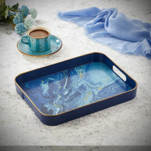 Melodi Marble Patterned Blue Tray 26x33cm