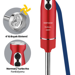 Multimix Kırmızı 1000 Watt 4 Bıçaklı Paslanmaz Çelik Turbo Hız Ayarlı El Blender