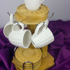Bambu Standlı 6 Kişilik Porselen Kahve Fincan Takımı- Çark